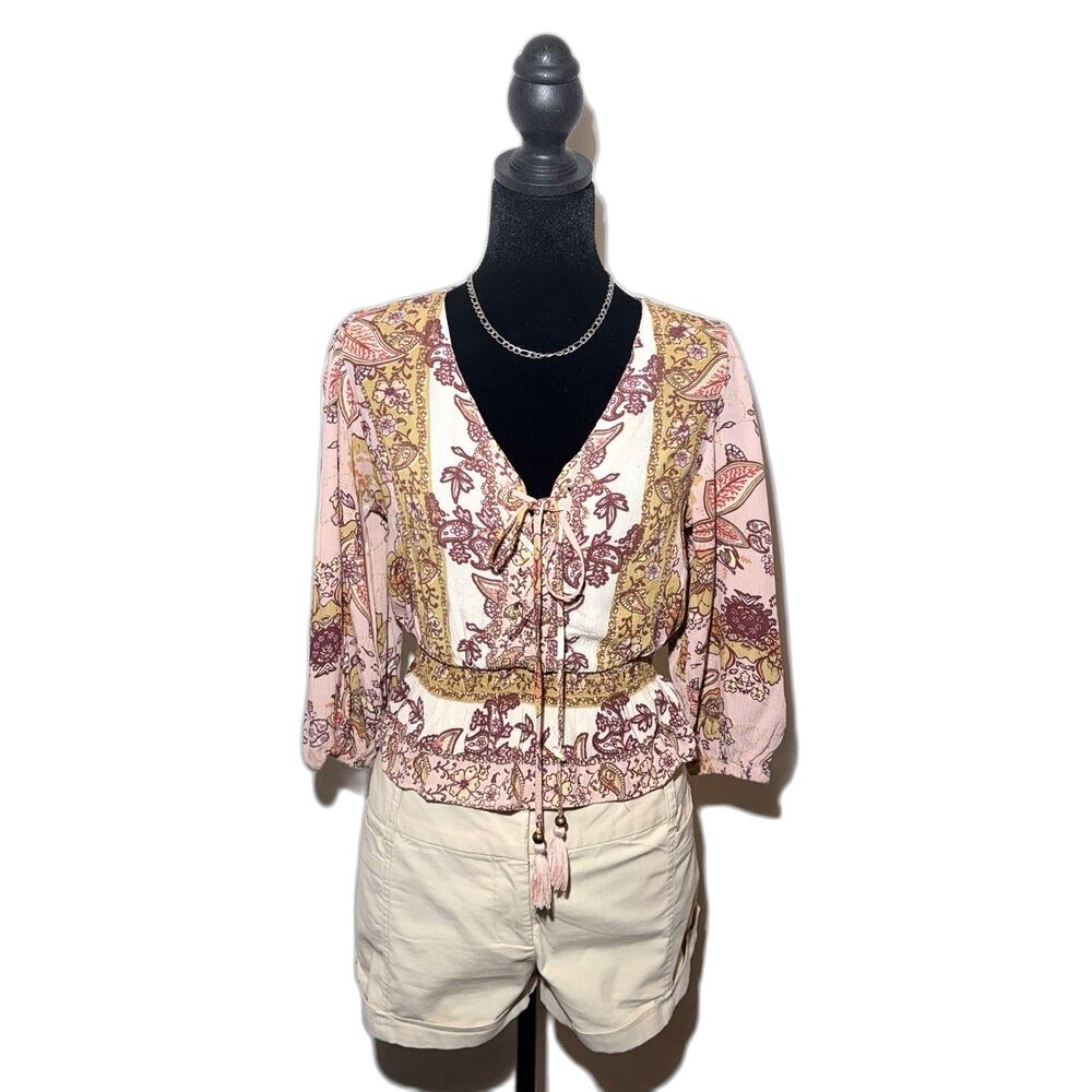 Angie Paisley Print Blouse Top Boho Front Tie Long Sleeve Blouse Women’s Size S